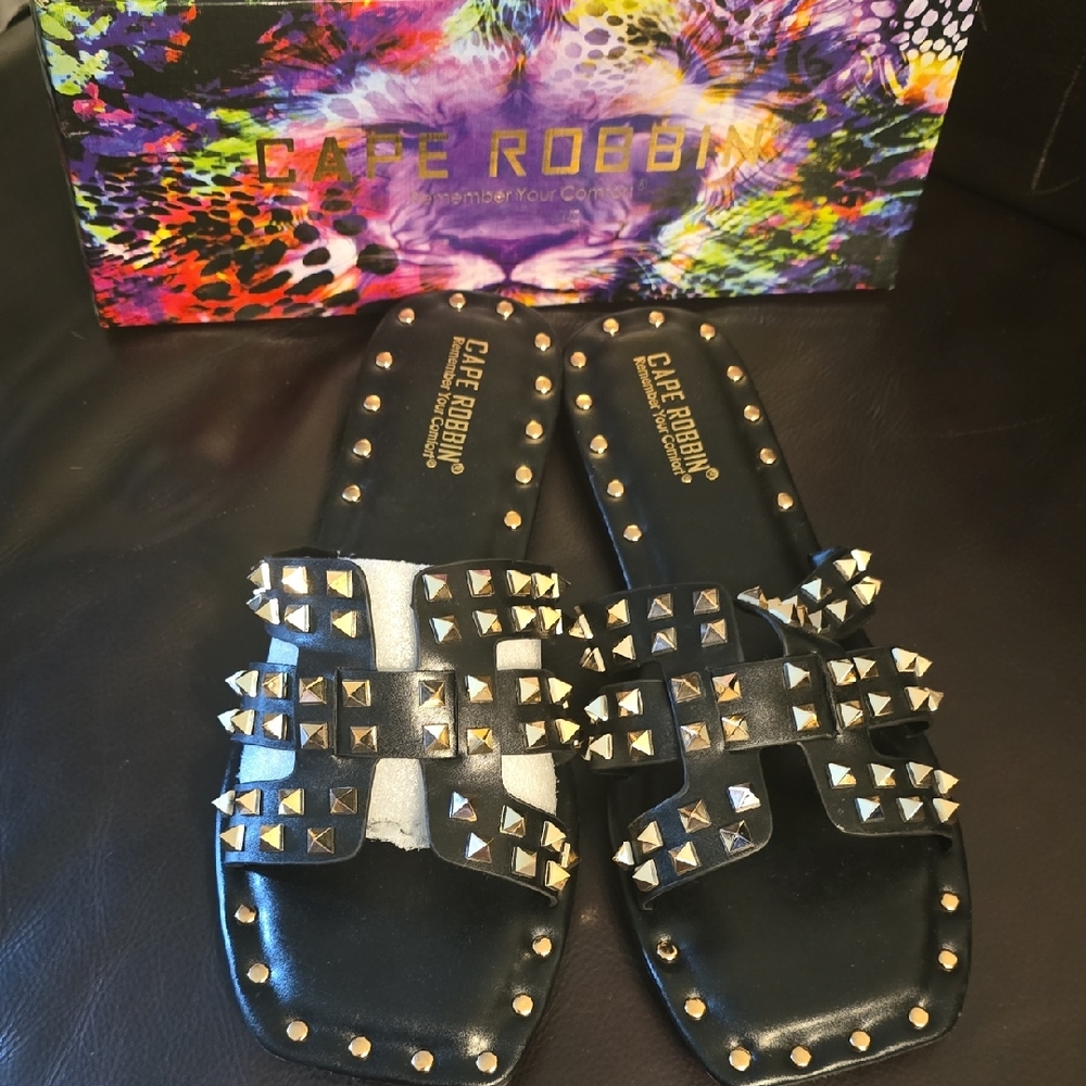 Cape Robbin Black and Gold Studded Slides